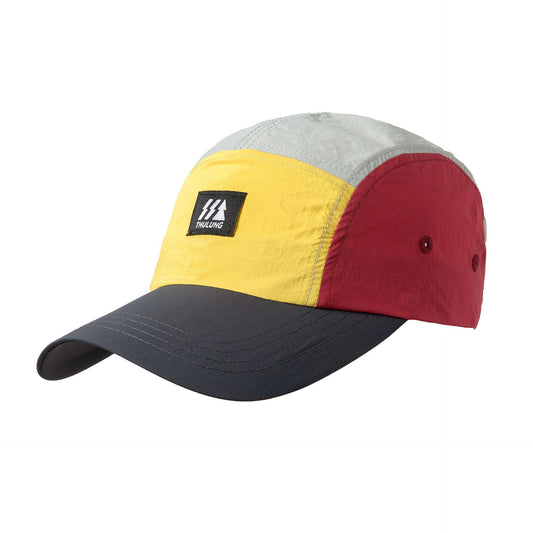 A colorful five-panel baseball cap made of lightweight nylon with an adjustable strap back.