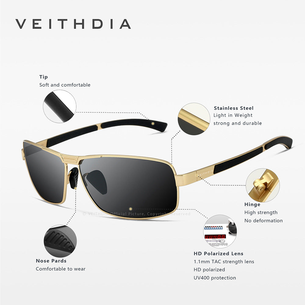 Men's square polarized sunglasses - anti-uv, anti-slip temples, gold frame