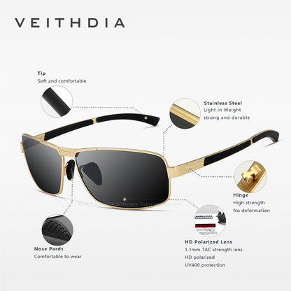 Men's square polarized sunglasses - anti-uv, anti-slip temples, gold frame