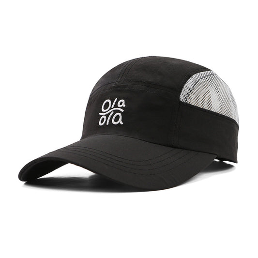 A lightweight black baseball cap with breathable side mesh panels and a curved brim for sun shade.