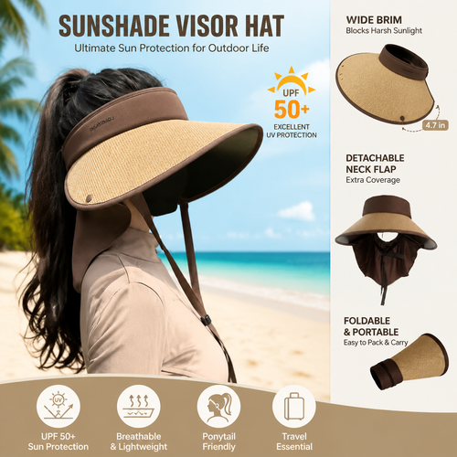 Women's Wide Brim Foldable Sun Visor Hat with Neck Flap