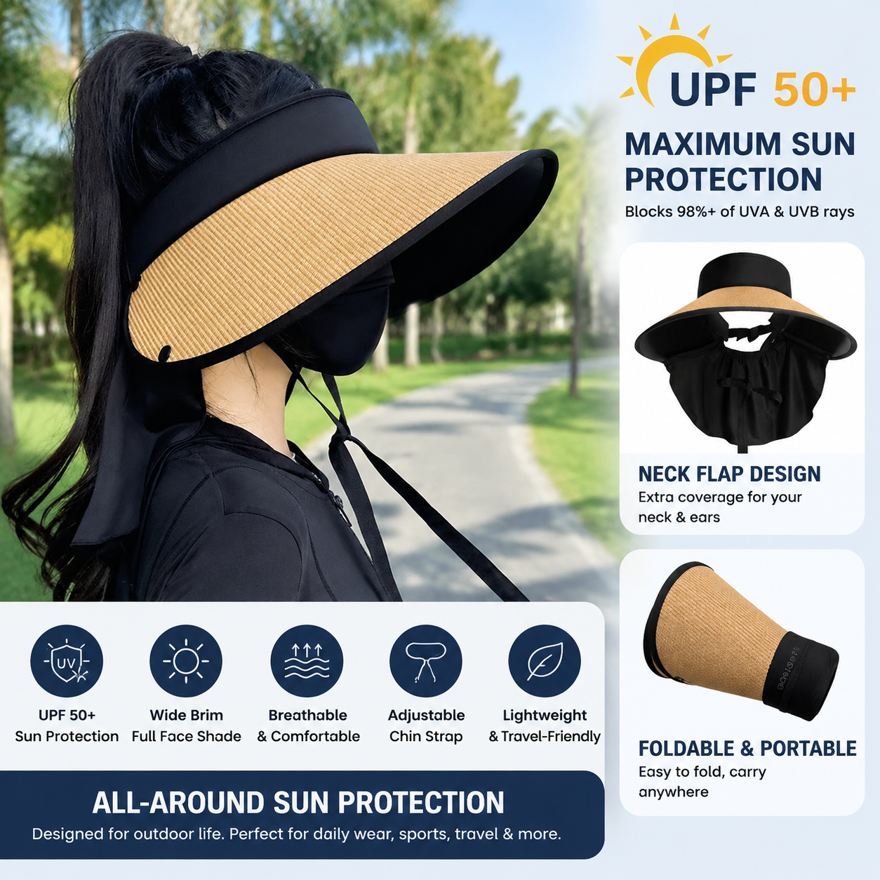 Women's Wide Brim Foldable Sun Visor Hat with Neck Flap