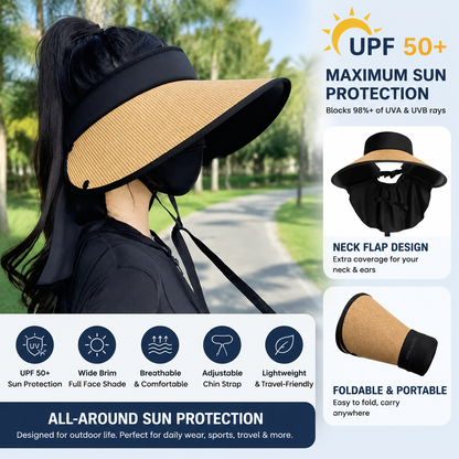 Women's Wide Brim Foldable Sun Visor Hat with Neck Flap